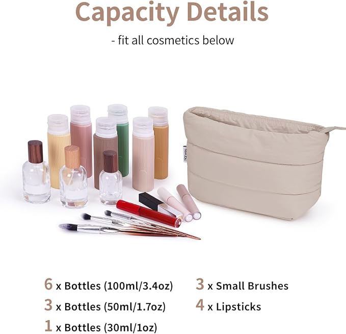 Narwey Small Makeup Bag for Travel Women Girl, Puffer Cosmetic Bag Makeup Pouch for Purse with Zipper, Cute Puffy Make Up Organizer Bags, Travel Toiletry Bag Toiletries (Khaki)