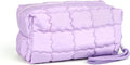 Richeart Makeup Bag Travel Toiletry Bag - Checkered Down Cotton Makeup Pouch for Women with Cosmetic and Pencil, Aesthetic Purple Design, Small