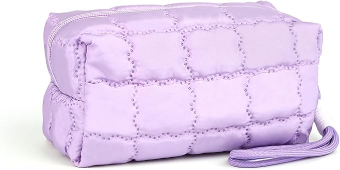 Richeart Makeup Bag Travel Toiletry Bag - Checkered Down Cotton Makeup Pouch for Women with Cosmetic and Pencil, Aesthetic Purple Design, Small
