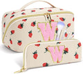 Personalized Travel Makeup Bag Set,Initial Travel Strawberry Makeup Organizer Bag,Toiletry Skincare Cosmetic Bag,Christmas Gifts for Women/Girls,Open Flat Toiletry Pouch with Brush Pocket-W