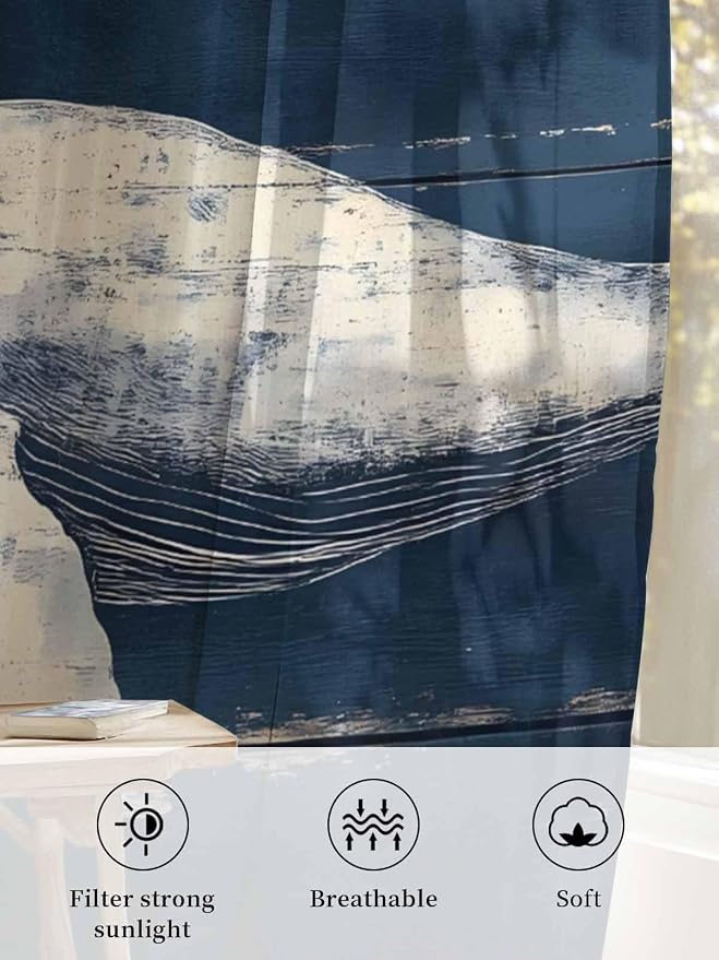 Sheer Curtains 84 Inches Long, Ocean Vintage Whale Semi Sheer Curtains Light - Image 6