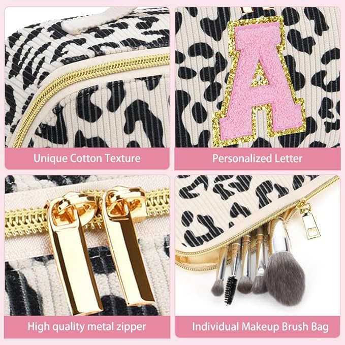 Personalized Travel Makeup Bag Set,Initial Travel Cute Leopard Makeup Organizer Bag,Toiletry Skincare Cosmetic Bag,Christmas Gifts for Women/Girls,Open Flat Toiletry Pouch with Brush Pocket-L