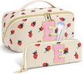 Personalized Travel Makeup Bag Set,Initial Travel Strawberry Makeup Organizer Bag,Toiletry Skincare Cosmetic Bag,Christmas Gifts for Women/Girls,Open Flat Toiletry Pouch with Brush Pocket-E