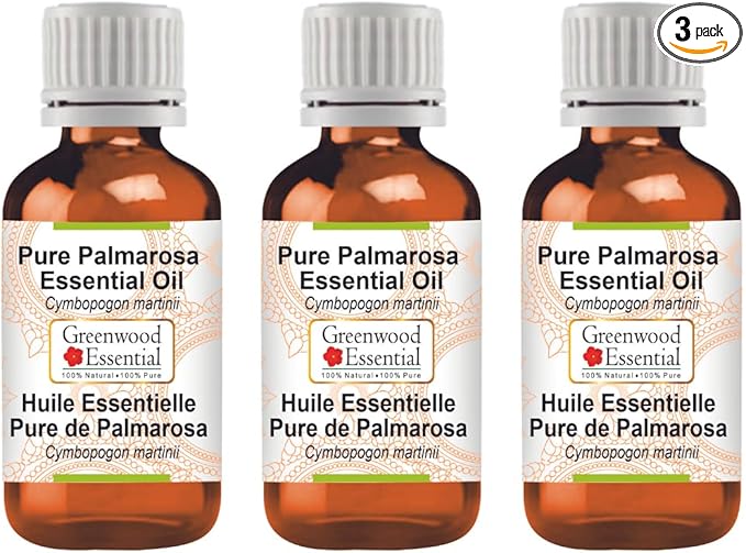 Greenwood Essential Pure Palmarosa Essential Oil (Cymbopogon martinii) Steam Distilled (Pack of Three) 100ml X 3 (10.1oz)