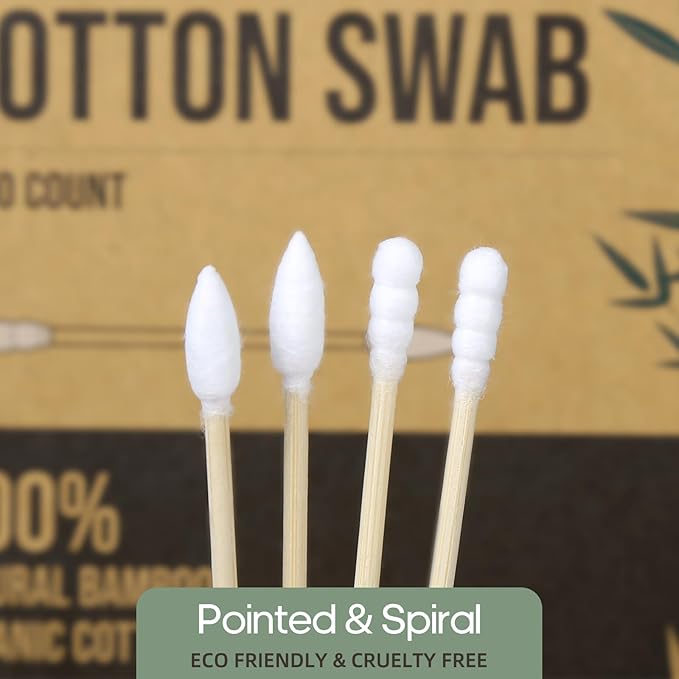 Bamboo Cotton Swabs - 1000 Count - Pointed & Spiral Heads- 100% Biodegradable Cotton Buds | Natural & Sustainable Makeup Remover | Organic Cotton Heads | FSC Certified and PETA Approved.