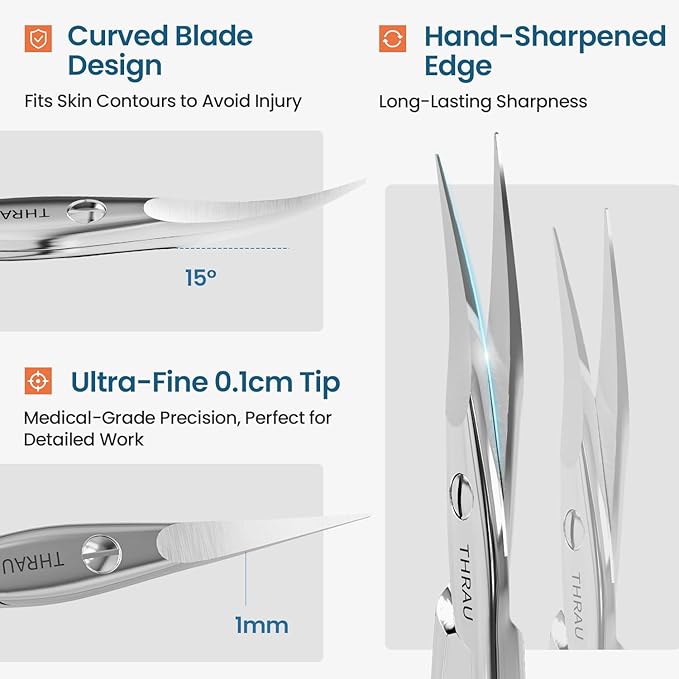 THRAU Left-Handed Cuticle Scissors – Surgical Grade Stainless Steel with Sharp Curved Tip for Cuticles, Nails, Eyebrows, Eyelashes, Nose Hair & Beard – Ideal for Manicure & Precise Grooming