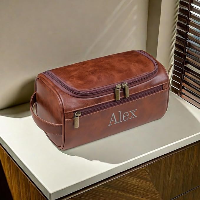 Personalized Embroidery PU Leather Travel Toiletry Bag for Men,Stylish Travel Organizer for Travel, Wedding Gift,Customized Monogram Travel Shaving Dopp Kit for Groomsmen (Brown)