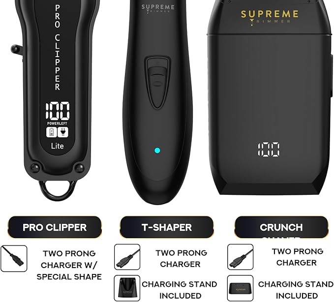 Supreme Trimmer 3-in-1 Barber Bundle | Pro Clipper Lite, T-Shaper Trimmer & Crunch Foil Shaver | Professional Beard Trimmer Men’s Hair Clipper Kit | Black