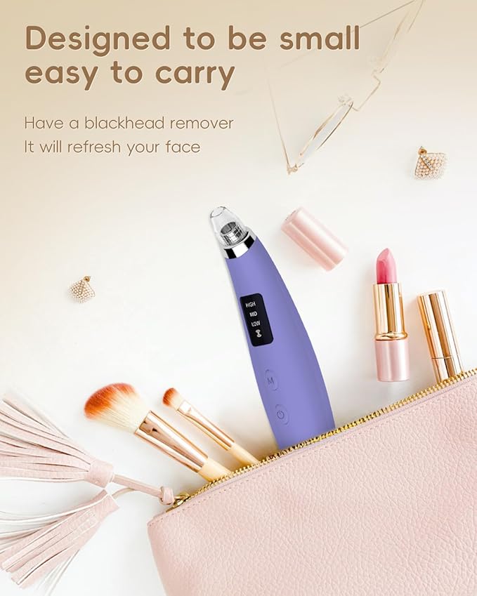 Facial Pore Blackhead Remover Vacuum - Fore Cleaner and Blackhead Extractor with 3 Adjustable Suction Levels - 5 Probes - Pore Vacuum Kit for Women&Men (Matte Purple)