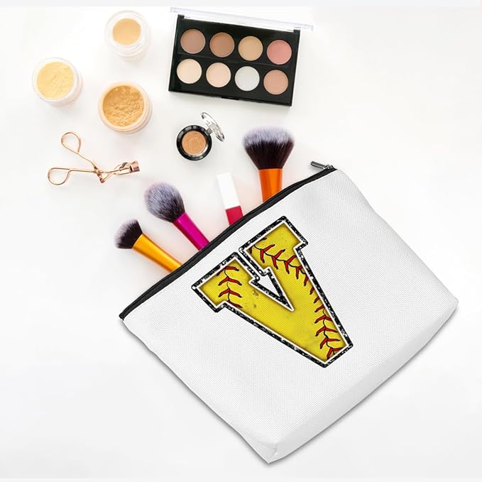 Initial Makeup Bag Monogrammed Cosmetic Bag Letter V Zipper Pouch Softball Accessories for Girls Women Player Coach Friend Graduation Birthday Gifts