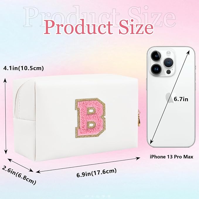 Small Personalized Letter Makeup Bag, Cute PU Leather Chenille Letters Cosmetic Bag Travel Makeup Pouch, Preppy Travel Organizer Zipper Pouch for Women&Girls（WhitePink-B）