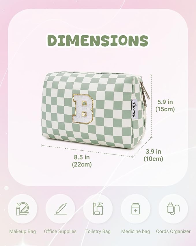 Narwey Birthday Gifts for Teen Girls Women Personalized Initial Checkered Makeup Bag Preppy Cosmetic Bag Trendy Stuff 6 8 10 11 12 13 14 16 18 Years Old Travel Toiletry Bag (Green Letter B)