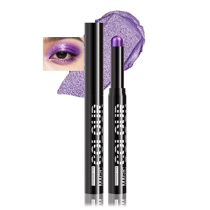 Purple Glitter Eyeshadow Stick, Purple Shimmer Cream Eyeshadow Pencil, Waterproof Long Lasting High Pigment Eye Shadow Crayon Pen, Women Multi-Dimensional Eye Highlighter Stick (23#)