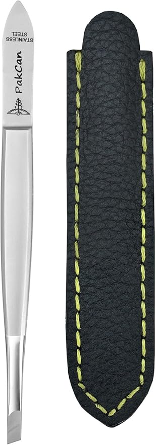 German Premium Slanted Tweezers in Leather Case - German Steel Hair Removal Tool for Eyebrows, Face & Ingrown Hairs – Hand-Finished, Ultra-Grip Tips, Premium Leather Case – Professional Salon Quality