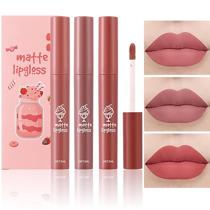 3Pcs Nude Matte Lipstick Set, Ice Cream Velvet Smooth Matte Lip Gloss, 24 Hour Natural Long Lasting & Nourishing Lip Glaze Non-stick Cup for Women Makeup (Set D)