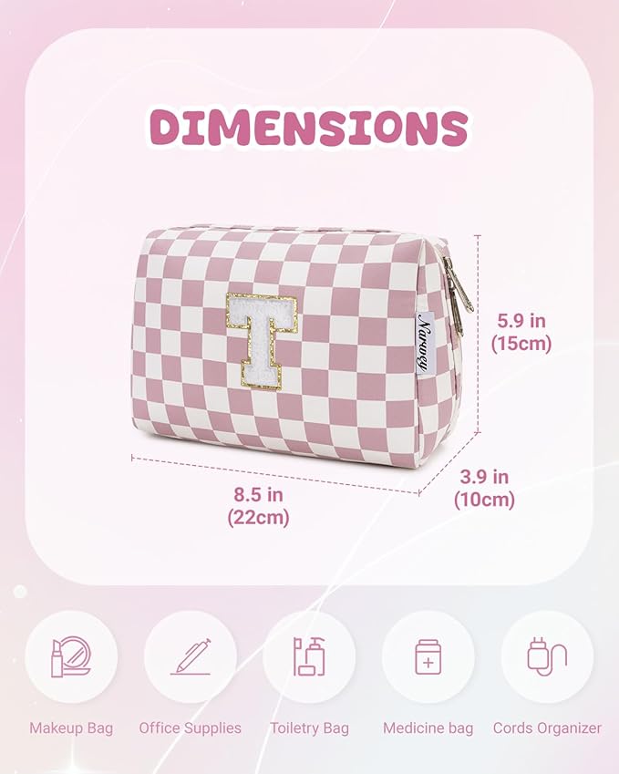Narwey Birthday Gifts for Teen Girls Kids Women Personalized Initial Checkered Makeup Bag Pink Monogram Cosmetic Bag Trendy Stuff 6 8 10 11 12 13 14 16 18 Years Old Travel Toiletry Bag (Dusty Rose T)