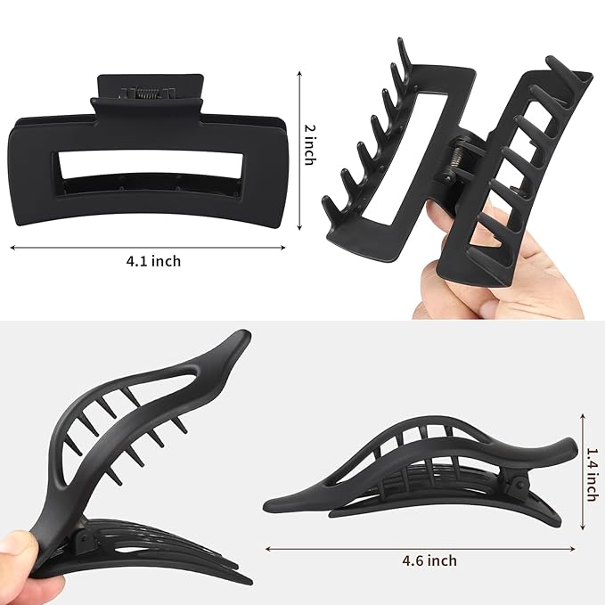 Hair Clips for Women 4.3 Inch Large Hair Claw Clips 8 pcs Square Claw Clips & Flat Hair Clips for Thick or Thin Hair French Concord Hair Barrettes Alligator Hair Accessories for Women (Black)