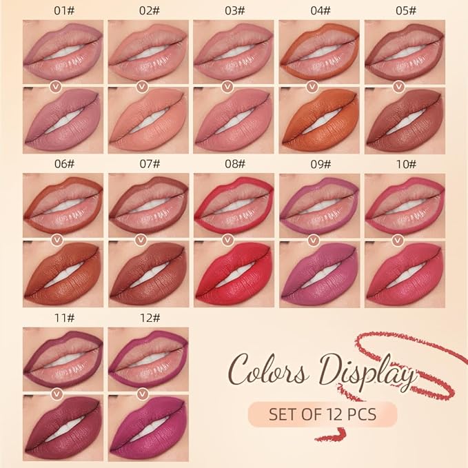 QiBest 12Pcs Crayon Lipsticks Gel Lip Liner Pencil Set, Creamy Long-Lasting Lip Colors Makeup Kit for Women and Girls, Retractable Lipliner Pencils Pack with Rich Color & Smooth Application