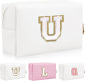 Personalized Initial Letter Patch Makeup Bag, Preppy Portable Chenille Cosmetic Bag with Zipper, PU Leather Waterproof Travel Toiletry Bag Monogram Make Up Pouch for Women Girls