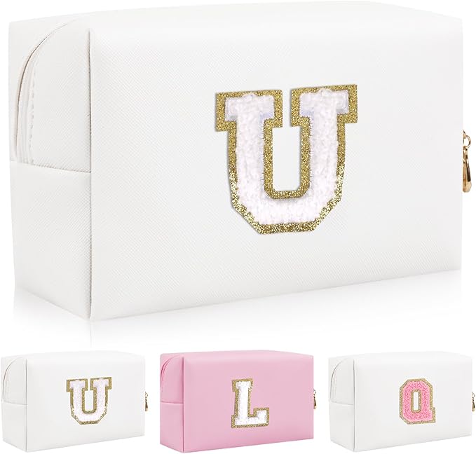 Personalized Initial Letter Patch Makeup Bag, Preppy Portable Chenille Cosmetic Bag with Zipper, PU Leather Waterproof Travel Toiletry Bag Monogram Make Up Pouch for Women Girls