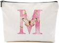 Initial Makeup Bag Pink Butterfly M Personalized Cosmetic Bag Monogrammed Gifts for Women Girls Mom Bridesmaid Monogram Zipper Pouch for Friendship Mothers Day Birthday Wedding Bridal Shower Gifts
