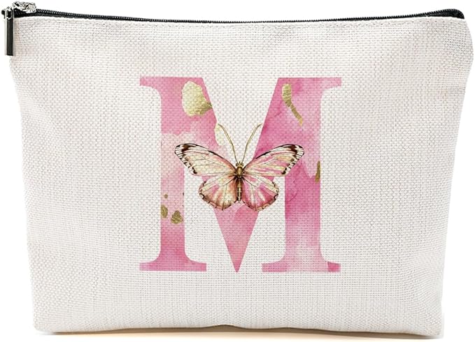 Initial Makeup Bag Pink Butterfly M Personalized Cosmetic Bag Monogrammed Gifts for Women Girls Mom Bridesmaid Monogram Zipper Pouch for Friendship Mothers Day Birthday Wedding Bridal Shower Gifts