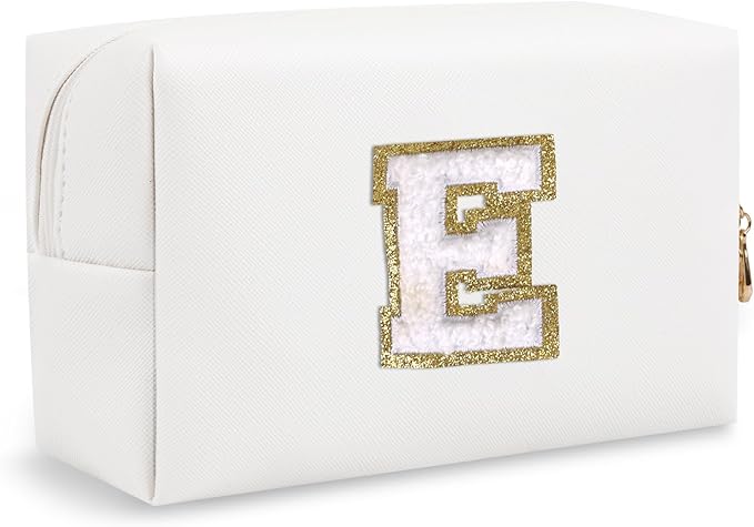 Personalized Chenille Letter Preppy Makeup Bag, Small Cute Travel Cosmetic Bag Initial Toiletry Zipper Pouch Monogram Makeup Storage, Waterproof Makeup Case Travel Essentials for Friend Mom(Letter E)