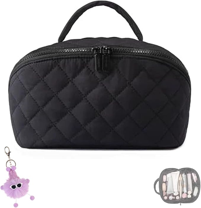 Makeup Bag for Woman, 180° Lay Flat Wide Open Makeup Bags, Large Fold out Washable Cosmetic Case, Quilted Puffy Toiletry Bags for Toiletries (Black)