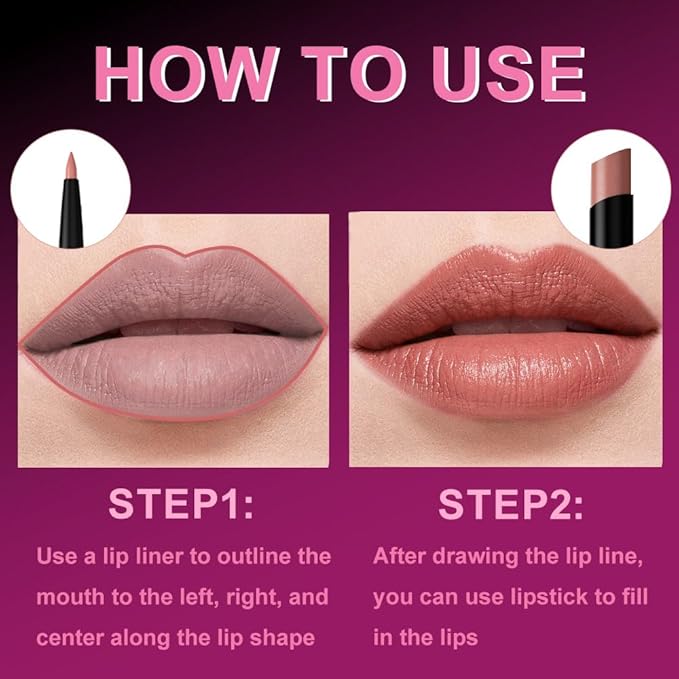 2Pcs 2 in 1 Matte Nude Lip Liner and Lipstick Combo Set for Women,Lipstick Stain Lip Liner for Daily & Party Long Lasting Waterproof Smudge Proof 24 Hour Full Coverage Vegan Lip Makeup Kit