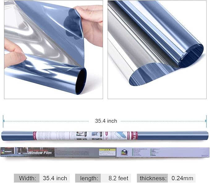 HIDBEA One Way Mirror Window Film ,Daytime Privacy Sun Blocking Reflective Window Film Static Cling Heat Control Window Tinting Film for Home and Office, Blue Silver, 35.4 x 98.4 Inch