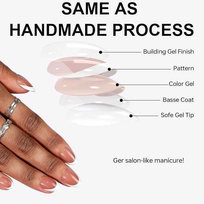 16 size white french tip almond press on nails for women,32 pcs super short petite oval nails with glue and stick, Brown French