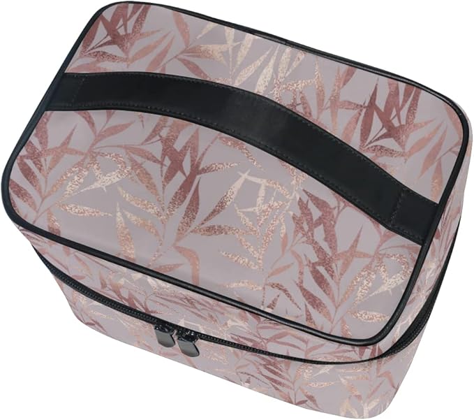 Makeup Bag, Rose Gold Leaves Travel Makeup Organizer Bag Cosmetic Cases Toiletry Bags for Girl Women Ladies