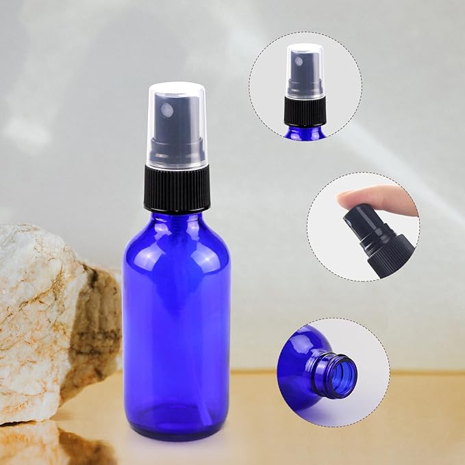 Wedama 4 oz Mini Glass Spray Bottles, Empty Small Spray Bottles with Funnel Dropper, Fine Mist for Hair, Travel, Plants, Cleaning Solutions and Skin Care (4 Pack Blue)