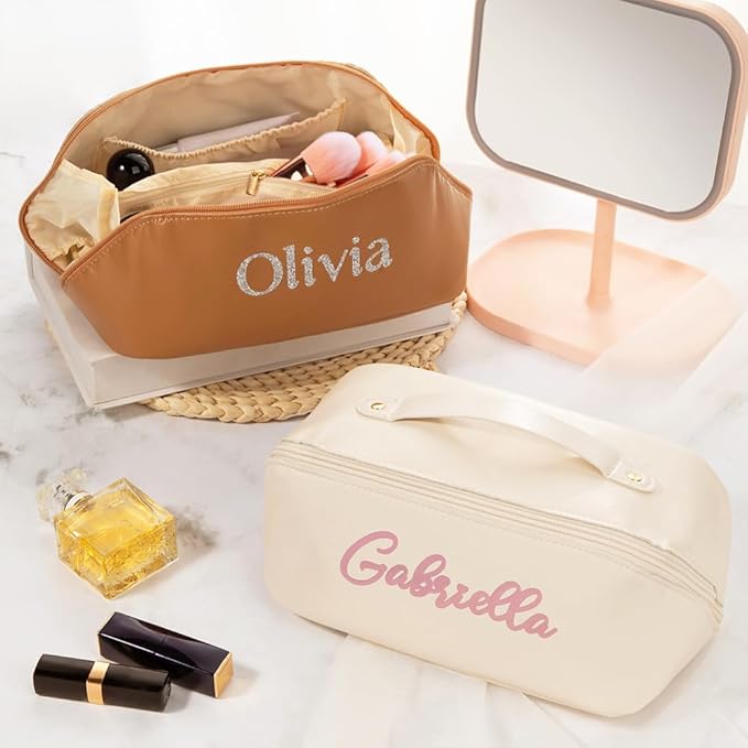 Personalized Open Flat Travel Makeup Bag with Name Real Leather Lazy Lay Flat Cosmetic Bags for Women Custom Toiletry Bag Womens Makeup Case Organizer Small Make Up Pouch for Traveling Large Capacity