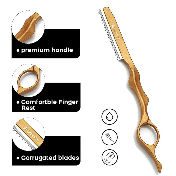 Hair Razors For Cutting Hair 6.89", Professional Hair Styling Razor with Replacement Stainless Steel Blades for Salon/Home -11PCS Gold