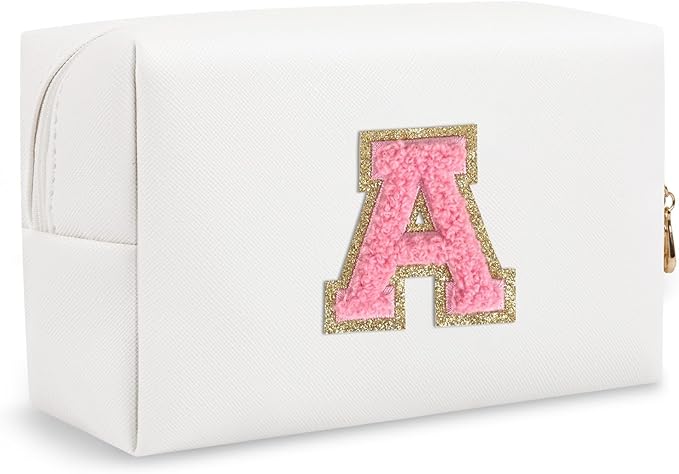 Personalized Initial Preppy Patch Makeup Bag, Small Travel Cute Cosmetic Pouch Makeup Case Toiletry Zipper Pouch, Monogram Waterproof PU Leather Chenille Letter Storage Bag Gift for Women(Letter A)