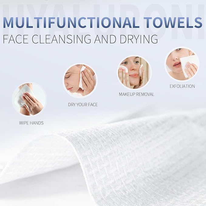 Face Cleaning Towels, Makeup Remover Dry Wipes, Hyaluronic Acid, Skincare Towels for Face, Cleansing and Moisturizing, Cotton, Thick Soft, Travel, 50 Ct, 1 Pack