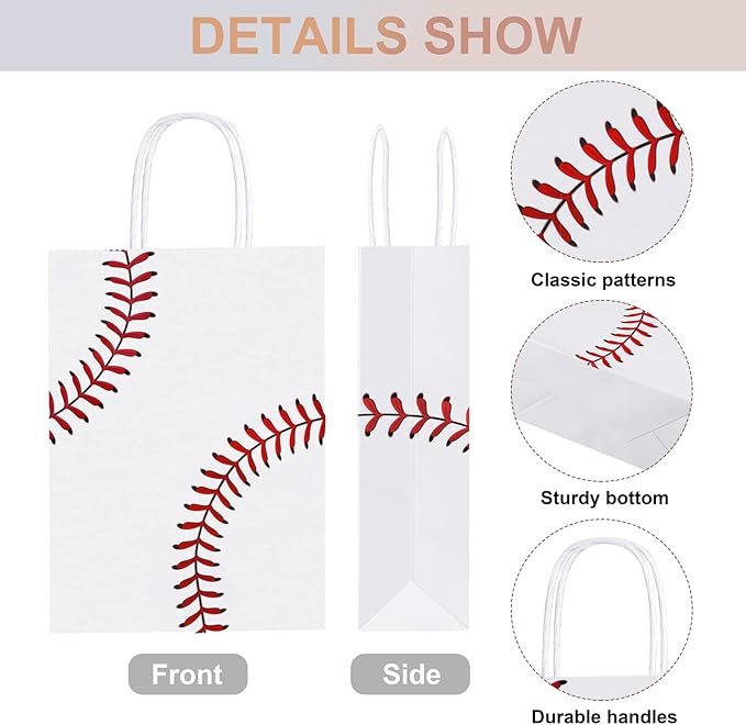 durony 16 Pieces Baseball Party Favor Bags with Handles Tissue Paper Gift Bags Goodie Candy Treat Bag for Birthday, Baseball Themed Party Supplies (8.6 x 6.2 x 3.1 Inches)