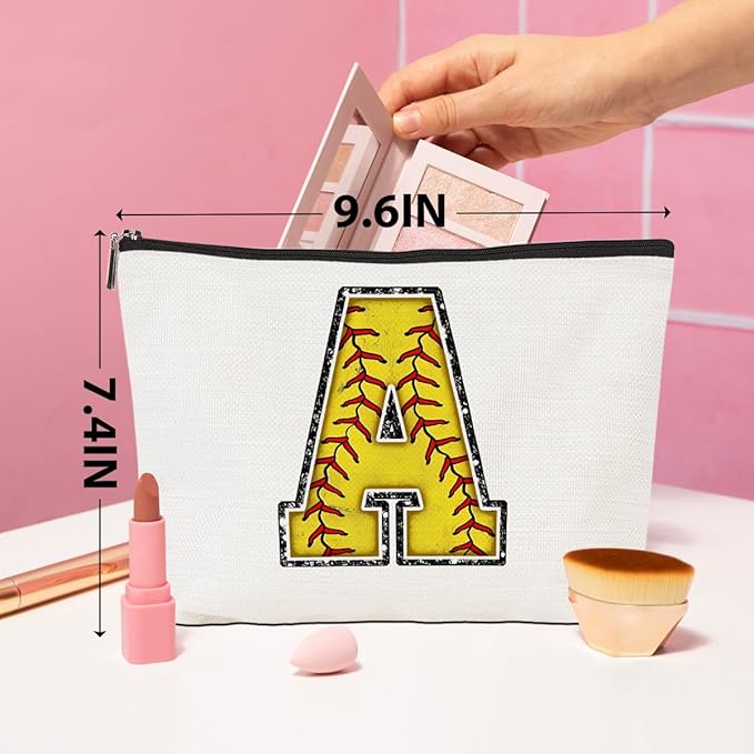 Initial Makeup Bag Monogrammed Cosmetic Bag Letter A Zipper Pouch Softball Accessories for Girls Women Player Coach Friend Stuff Graduation Birthday Gifts