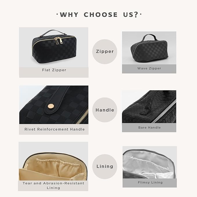 Travel Makeup Bag – Large Cosmetic Organizer with Waterproof PU Leather, Smooth Double Zipper & Tear-Resistant Lining, Toiletry Pouch for Women (Black)