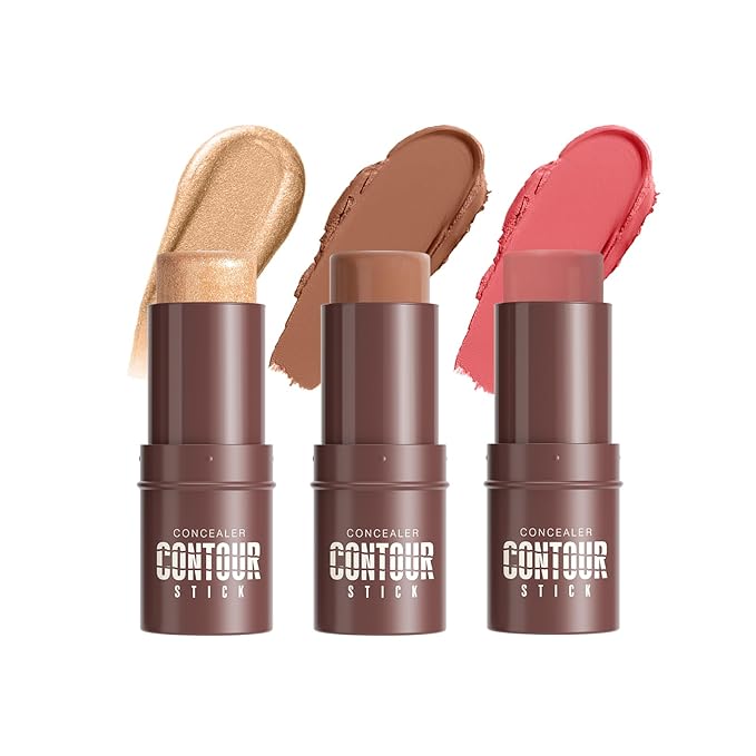 3Pcs Cream Contour Sticks, Shades with Highlighter & Bronzer & Blush, Makeup Kit for Sculpt the Cheeks Long Lasting Dewy & Matte Finish Lightweight Face Contouring Pen LIGHT MEDIUM (SET-B)
