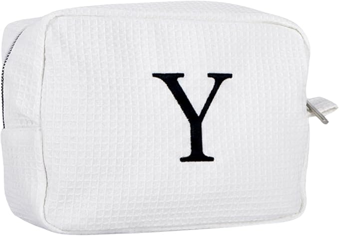 Personalized White Waffle Makeup Bag,Custom Embroidered Initial Cosmetic Pouch for Women,Monogrammed Cosmetic Case,Bridesmaid Gifts (Y)