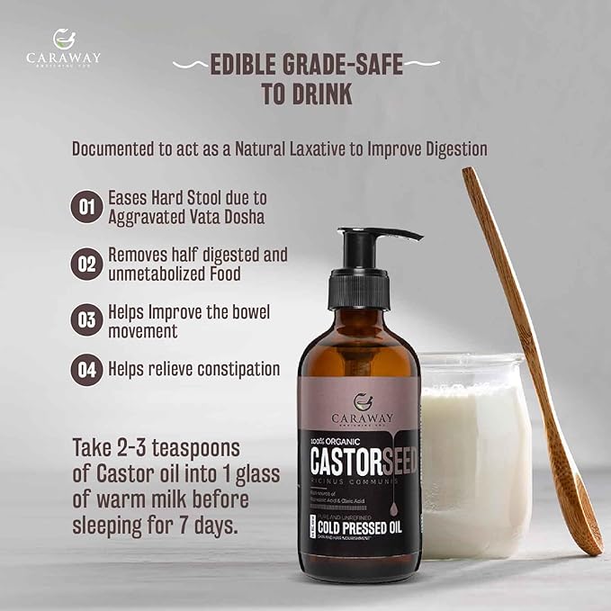 CARAWAY Cold Pressed Pure Castor Oil – Indian Handmade | Therapeutic Grade | Edible | For Liver Detox, Hair Growth, Eyelashes, Skin, Constipation & Joint Pain | Glass Bottle – 236ml