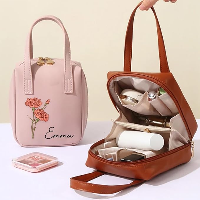 Custom Name Leather Makeup Bag Travel Toiletry Bag with Birth Flower Handle Personalized Make Up Storage Bags for Women Large Capacity Cosmetic Bag Organiser Vanity Case Womens Toiletries Wash Bags