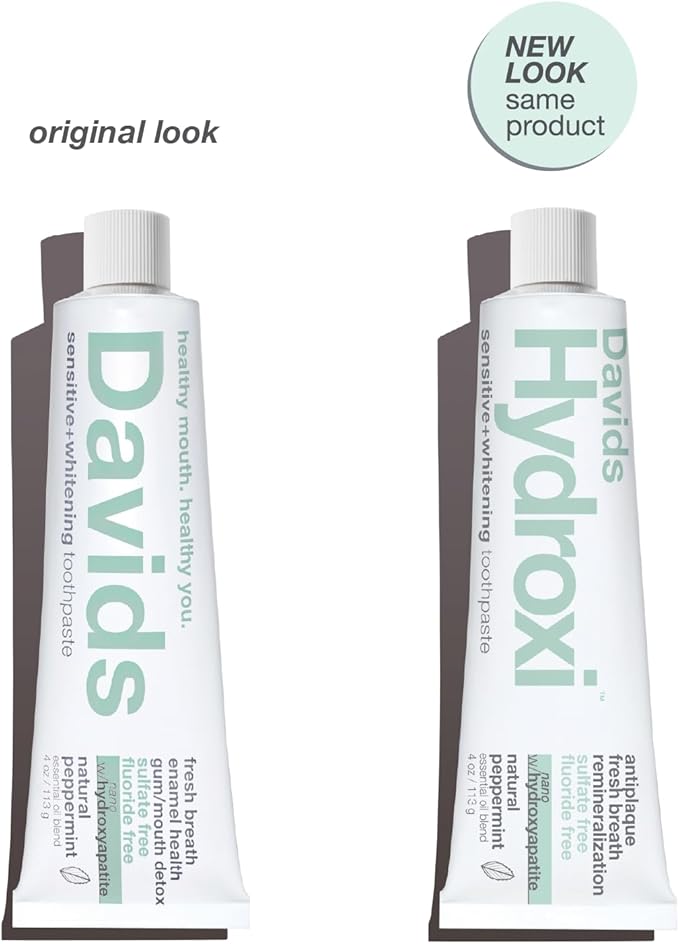 Davids Hydroxi Fluoride Free Nano Hydroxyapatite Toothpaste for Remineralizing Enamel & Sensitive Relief, Whitening, Antiplaque, SLS Free, Natural Peppermint, 4 oz, Made in USA