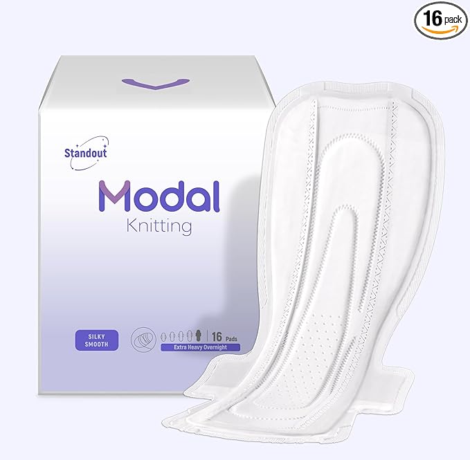 MODAL Heavy Flow Pads for Women Overnight, Unscented Sanitary Pads for Period with Wings, 16.5 Inch(420 mm), Extra Heavy Overnight, 16 Count