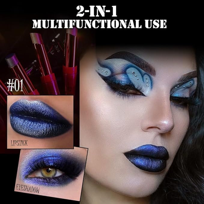 AMY'S DIARY Glitter shimmer blue black Lipstick Long Lasting Metallic Lip Liner Shimmer for Women Makeup Double Colors Eyeshadow Stick Hydrating Highly Pigmented Coverage Non Stick Cup Lips stick