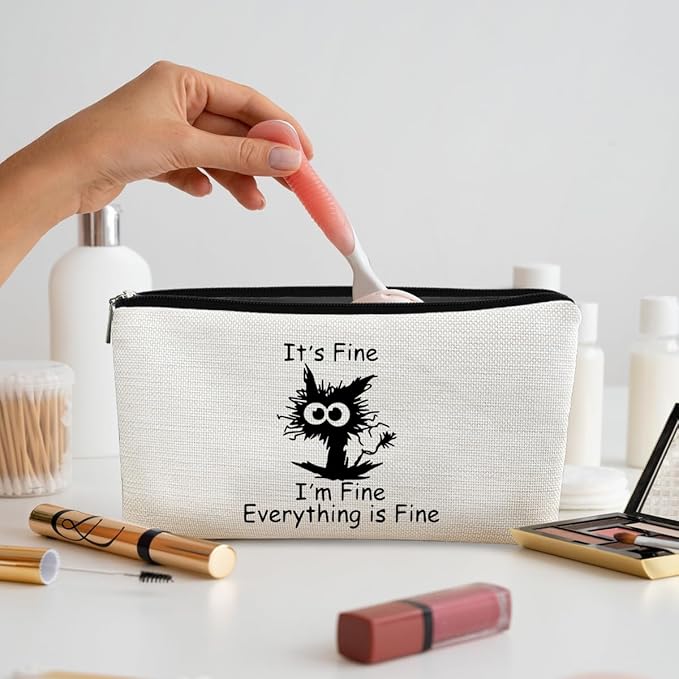Black Cat Makeup Bag,Black Cat Gifts It's Fine I'm Fine Everything is Fine Funny Cat Cosmetic Bag Zipper Travel Toiletry Bag Best Gift Idea for Cat Lovers Teen Girls,Cat Moms Gifts