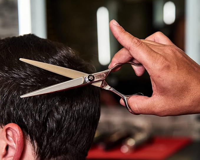 Barber Strong The Barber Shears, Japanese-Forged Stainless Steel Scissors, Adjustable Tension, Durable & Easy to Sharpen, Angled Thumb Ring for Open-Handed Cutting Techniques