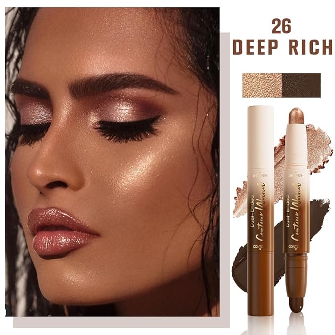 evpct Black Cocoa & Bronzer Shimmer Cream Contour Stick Face Body Makeup Dual Ended, no Transfer Waterproof 2 in 1 Cream Concealer Stick Contouring Makeup, Nose Contour Bronzer Sticks Face Highlighter